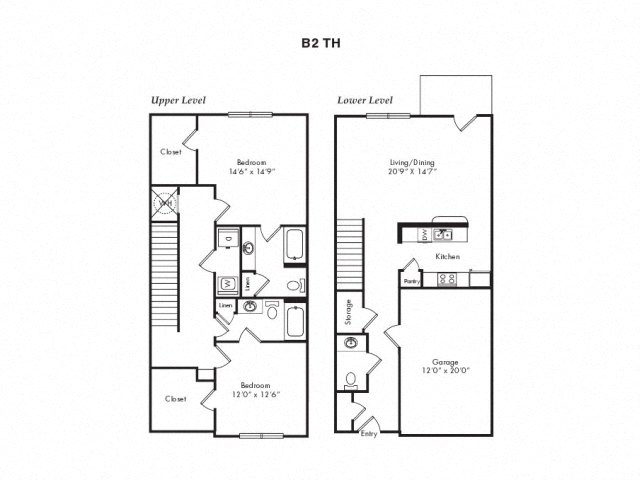 Floor plan for 2 beds, 2.5 baths, 1603 sqft